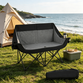 Heated Double Camping Chair 4 Heating Zones Wine Glass Holders Outdoor Portable Comfortable Seat for Camping Trips